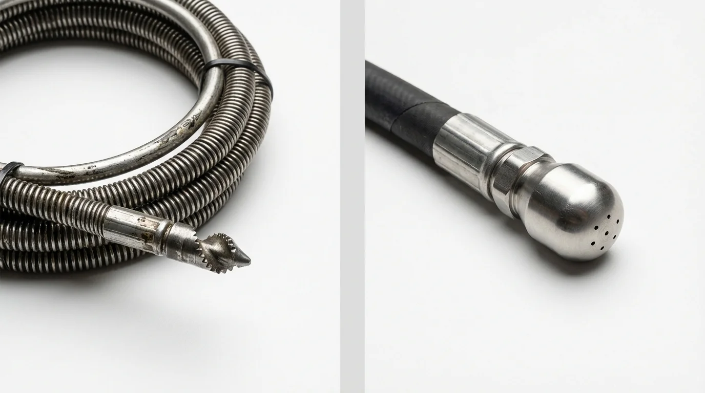Drain snake cable and hydro jetting nozzle used for drain cleaning in Center, CO
